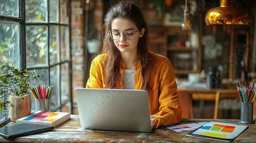 A focused graphic designer working on her laptop, bright colors and shapes on the screen, surrounded by artistic tools like a drawing tablet, color swatches, and sketchbooks, photo