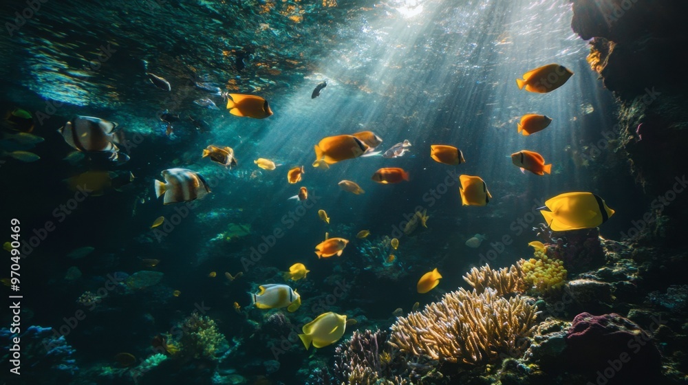 Naklejka premium A school of bright tropical fish swimming near a coral reef, with various shapes and colors creating a stunning underwater view.