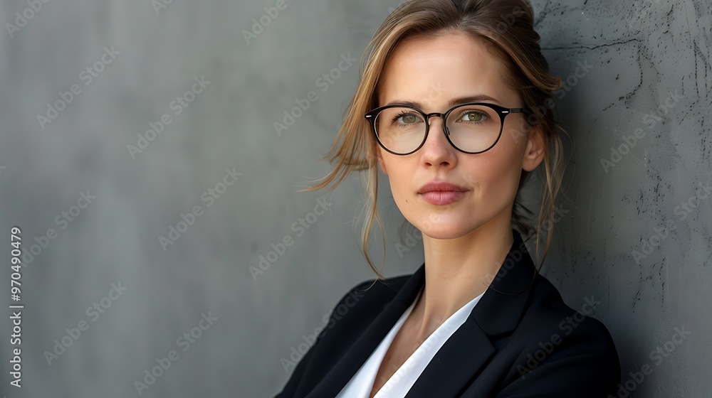 Confident businesswoman with glasses against a gray wall, symbolizing professionalism and focus, with a portrait shot and plain office background Confident businesswoman with glasses against a gray wall, symbolizing professionalism and focus, with a portrait shot and plain office background