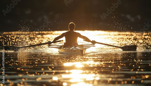 Silhouette of a rower in a single scull, paddling across a shimmering lake at sunset.