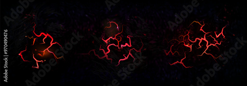 Lava crack with fire. Red volcano floor effect. Broken land and volcanic destruction on black background. Realistic thunderbolt energy line. Neon crash flame top view. Color land break design