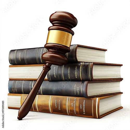 3D realistic gavel and law books, in a clipart style on a white background