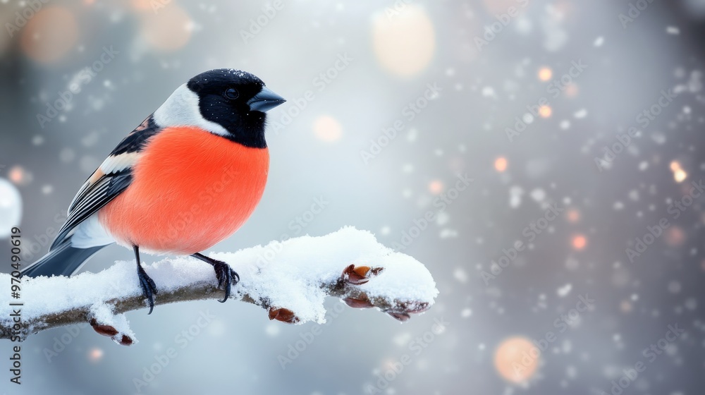 A vibrant bullfinch perched on a snow-covered branch during a tranquil winter day A vibrant bullfinch perched on a snow-covered branch during a tranquil winter day