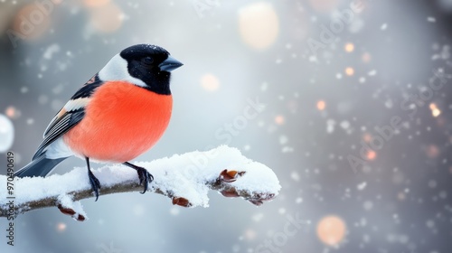 A vibrant bullfinch perched on a snow-covered branch during a tranquil winter...