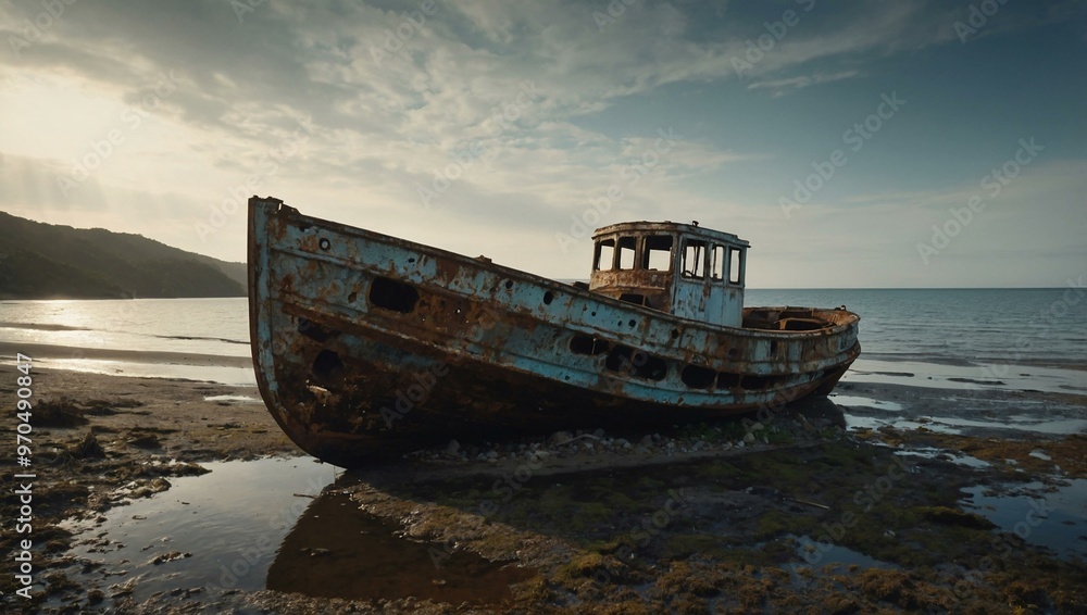 Old rusty boat on the shore, evoking nostalgia and decay. Old rusty boat on the shore, evoking nostalgia and decay.
