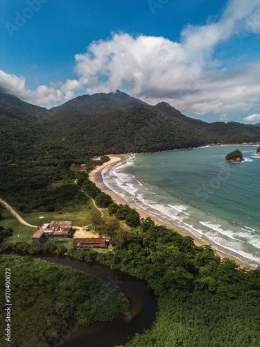 Aerial pictures from a beach from Isla grande brasil angra dos reis rio de janeiro paradise beach with mountains and waves to surf in a sunny day