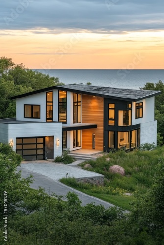 Modern lakeside house at sunset surrounded by trees and a scenic driveway