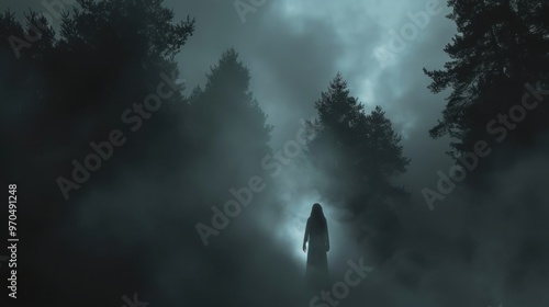 Creepy dark ghost figure moving through foggy forest at night AI generated image