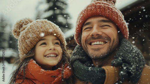 Joyful moments between grandfather and granddaughter creating a snowman in wi...