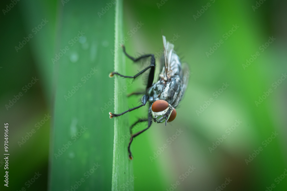 Sarcophaga carnaria, the housefly perched on green grass Sarcophaga carnaria, the housefly perched on green grass