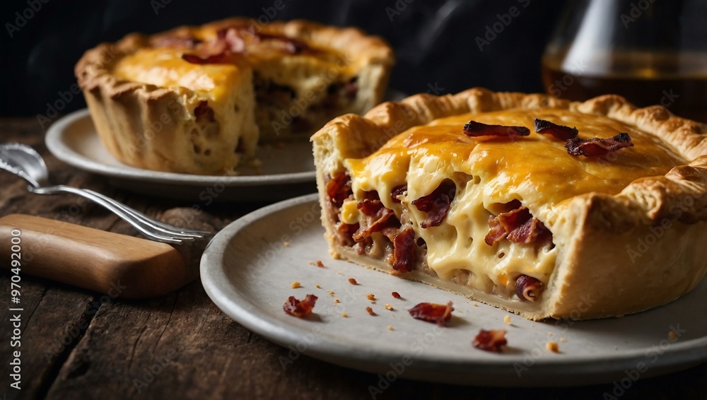 Pie with bacon and cheese, ready to eat. Pie with bacon and cheese, ready to eat.