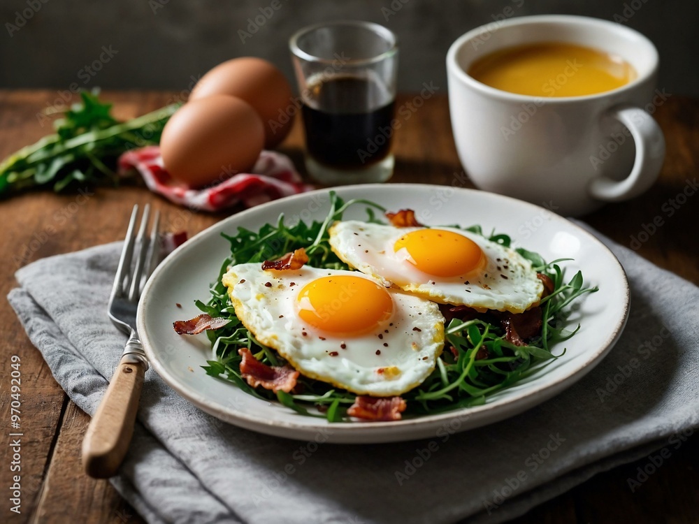 Plate of sunny-side-up eggs with crispy bacon and arugula. Plate of sunny-side-up eggs with crispy bacon and arugula.