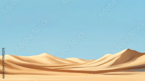 A serene desert landscape with golden dunes stretching far beneath a cloudless cerulean sky, emphasizing the vast openness.