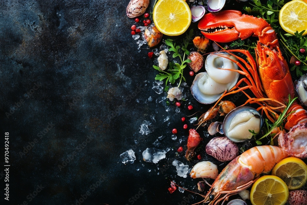 Fresh seafood, lemon slices and ice on a black background. Fresh seafood, lemon slices and ice on a black background.