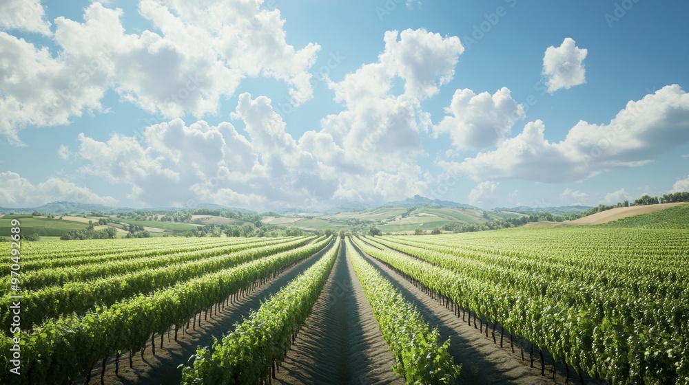 A serene landscape of a vineyard in the countryside, with rows of grapevines under a sunny sky with fluffy clouds. A serene landscape of a vineyard in the countryside, with rows of grapevines under a sunny sky with fluffy clouds.