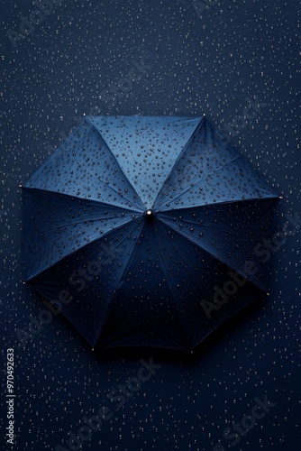 Dark blue umbrella resting on wet surface with raindrops in a rainy weather b...