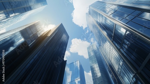 Skyscrapers reaching towards the bright blue sky on a sunny day in an urban e...