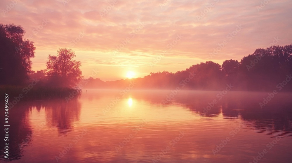 Fototapeta premium A serene sunrise over a calm river, with mist rising from the water and soft pink and orange tones in the sky.