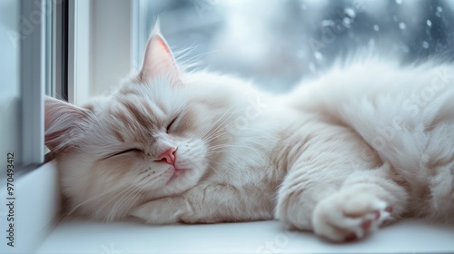 A fluffy white cat relaxing on a windowsill while snow falls gently outside i...