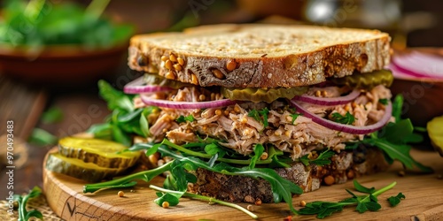 Tuna Sandwich on Wooden Serving Board Sandwich Prepared with Tuna Secret Sauce Red Onion Pickles and Leafy Greens