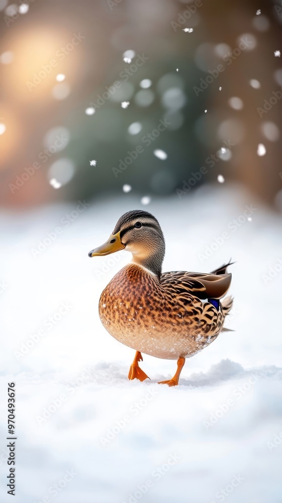 Unusual duck walking through a snowy landscape, with snowflakes falling on its feathers and the winter environment providing a rare contrast. Unusual duck walking through a snowy landscape, with snowflakes falling on its feathers and the winter environment providing a rare contrast.