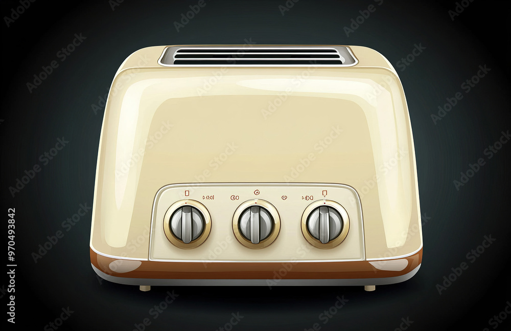 Cream-colored toaster with white elements and buttons, set against a black background. This isolated vector illustration showcases a detailed design of the toaster with a clean and modern look, perfec Cream-colored toaster with white elements and buttons, set against a black background. This isolated vector illustration showcases a detailed design of the toaster with a clean and modern look, perfec