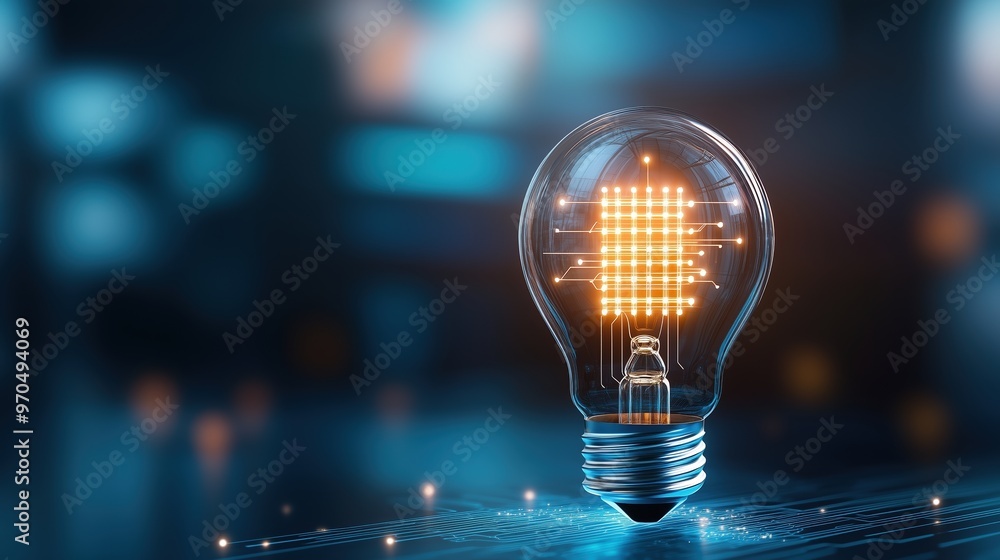 Glowing light bulb with integrated circuit board inside on a dark blue background, representing innovation and technological advancement. Ideal concept for creativity, ideas, innovation in technology, Glowing light bulb with integrated circuit board inside on a dark blue background, representing innovation and technological advancement. Ideal concept for creativity, ideas, innovation in technology,