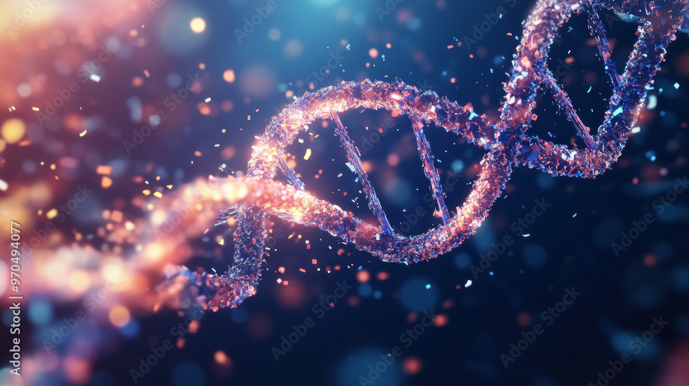 A 3D DNA molecule is shown as a jumbled mess of moving particles. This abstract image represents the science of nanotechnology, where tiny structures are manipulated.low poly vector illustration A 3D DNA molecule is shown as a jumbled mess of moving particles. This abstract image represents the science of nanotechnology, where tiny structures are manipulated.low poly vector illustration