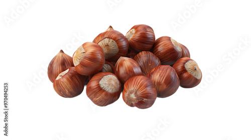 A bunch of roasted hazelnuts with a transparent background.