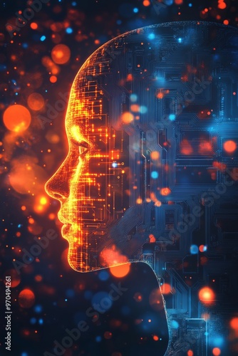 A glowing circuit-filled silhouette of a human head on a dark background