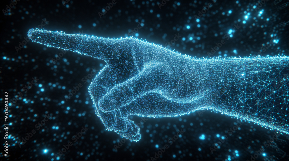 A 3D hand, pointing with its index finger, seems to be pressing a button. The image uses a dark blue color and looks like a starry night. It's made up of digital shapes and lines, like a wireframe. A 3D hand, pointing with its index finger, seems to be pressing a button. The image uses a dark blue color and looks like a starry night. It's made up of digital shapes and lines, like a wireframe.