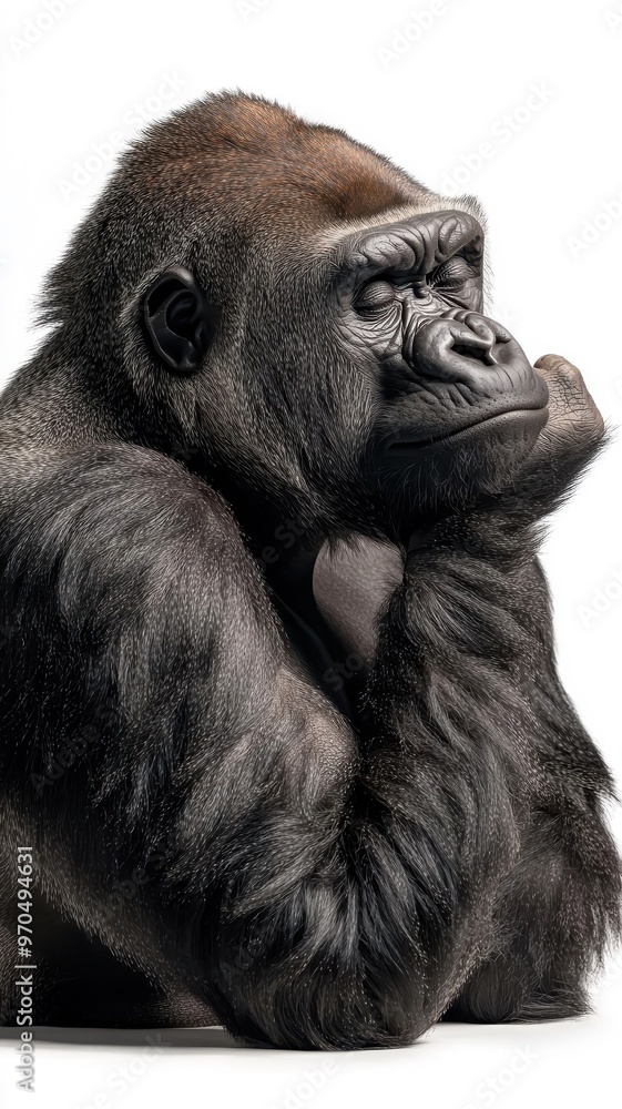 Obraz premium Gorilla against an isolated background, showcasing its impressive physique and detailed fur in a simple, uncluttered environment.