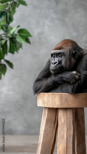 Gorilla against an isolated background, showcasing its impressive physique and detailed fur in a simple, uncluttered environment.