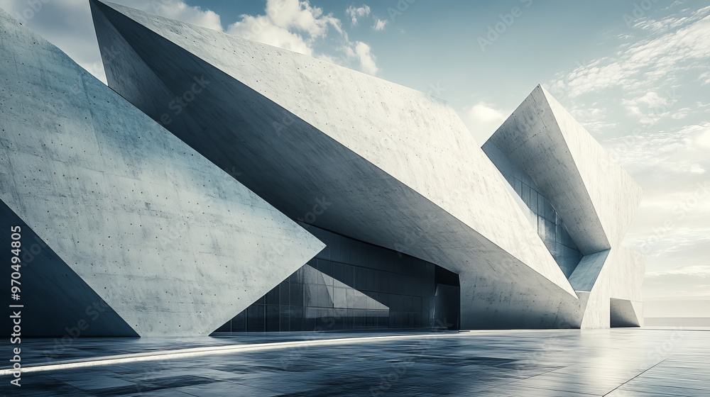 A 3D image of a building with a modern, gray concrete design. The building features geometric triangle shapes. A 3D image of a building with a modern, gray concrete design. The building features geometric triangle shapes.