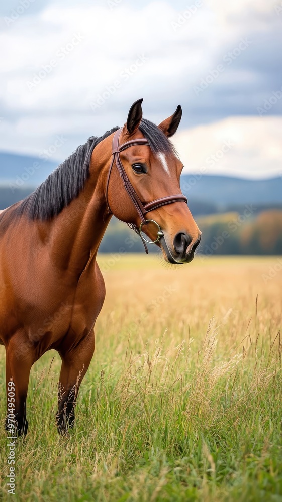 Obraz premium Horse posed against an isolated background, showcasing its detailed features and sleek coat in a simple, uncluttered setting.