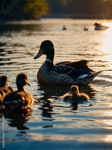 Silhouette of ducks following their mom.