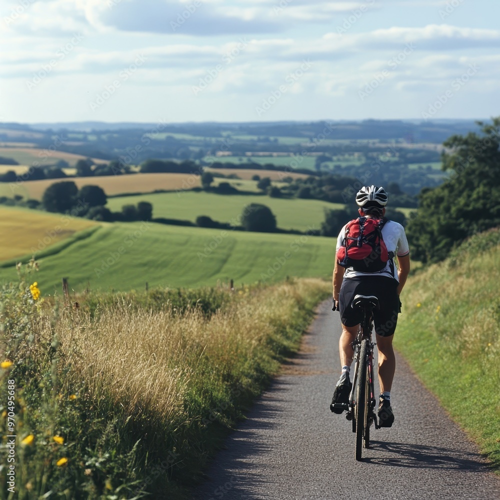 Fototapeta premium A cyclist rides down a country road with a scenic view of rolling hills and fields.