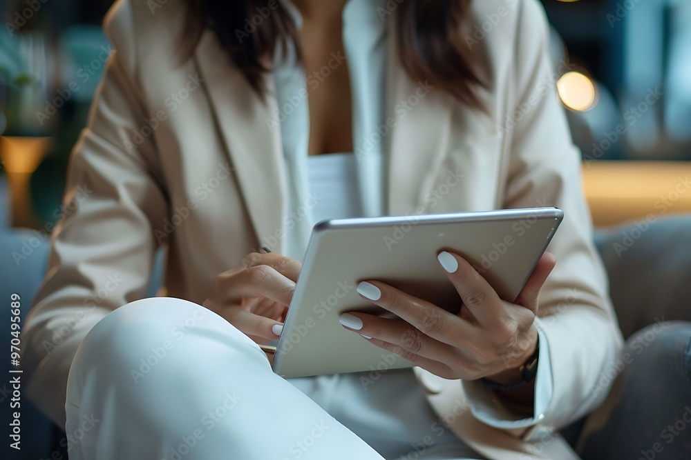 Businesswoman in a Stylish Outfit Using a Tablet During a Meeting, Copy Space, Portrait Shot, Tablet, Stylish Businesswoman in a Stylish Outfit Using a Tablet During a Meeting, Copy Space, Portrait Shot, Tablet, Stylish