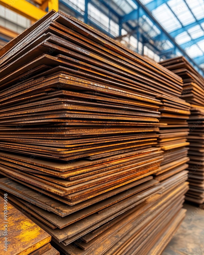 Endless stacks of metal plates, industrial transport vehicles loading, Heavy industry materials assembly Endless stacks of metal plates, industrial transport vehicles loading, Heavy industry materials assembly