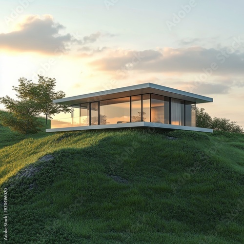 Modern minimalist house on a green hillside during sunset with large glass wi...