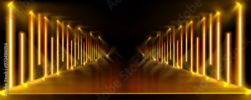 Stage catwalk with neon line lamp and gold spotlight beams on black background. Realistic 3d vector abstract scene or nightclub hall with golden light for winner award ceremony or presentation.
