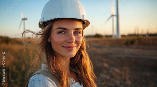 Young woman wearing hard hat stands confidently at a wind farm during sunny d...