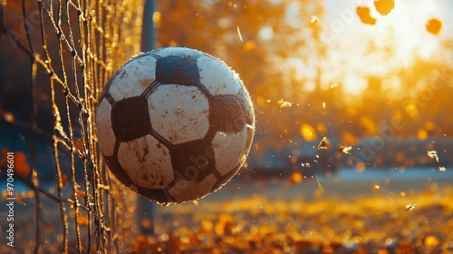 A sunset backdrop highlights a soccer ball nestled in the net after a success...
