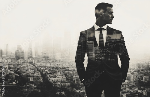 A businessman overlooking a city skyline during dusk, embodying ambition and ...