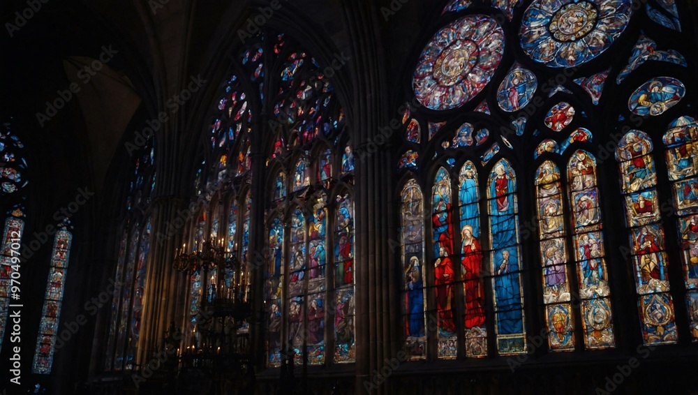 Stained glass window glowing in a cathedral, symbolizing spirituality. Stained glass window glowing in a cathedral, symbolizing spirituality.