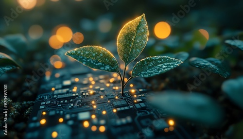 Green leaves growing from a nightlit circuit board, with ambient lighting highlighting the innovative blend of plant research and technology photo