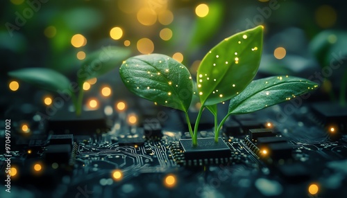 Green leaves growing from a nightlit circuit board, with ambient lighting highlighting the innovative blend of plant research and technology photo