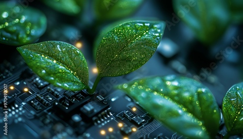 Green leaves growing from a nightlit circuit board, with ambient lighting highlighting the innovative blend of plant research and technology photo