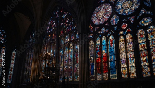 Stained glass window glowing in a cathedral  symbolizing spirituality.