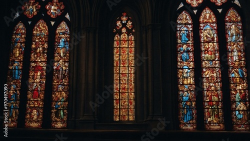 Stained glass window glowing in a cathedral  symbolizing spirituality.
